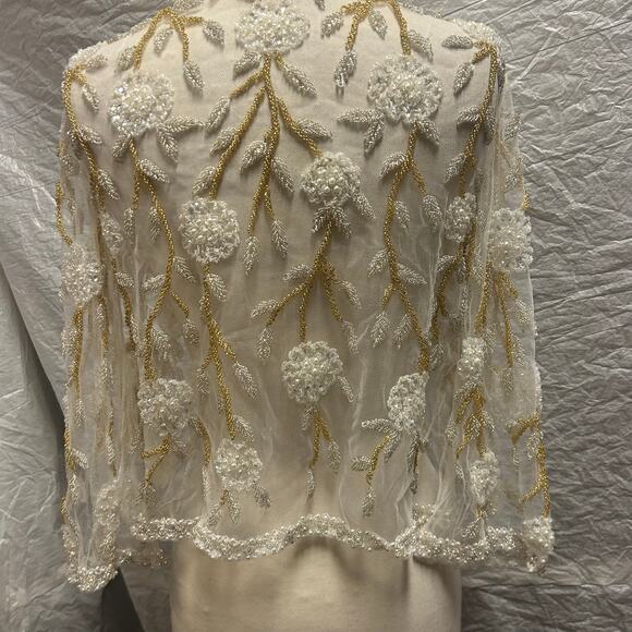 Vintage HandMade in Hong Kong Cream+Pearl+Gold Beaded Cardigan Sweater Size 10 - Picture 3 of 6